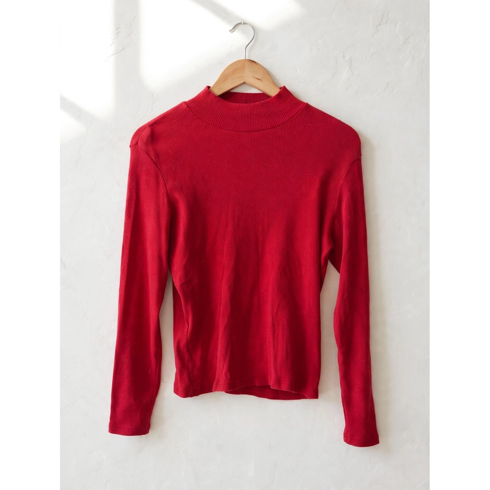 Casual Corner Annex Petite Red Ribbed Mock Neck Long Sleeve Top Size Medium